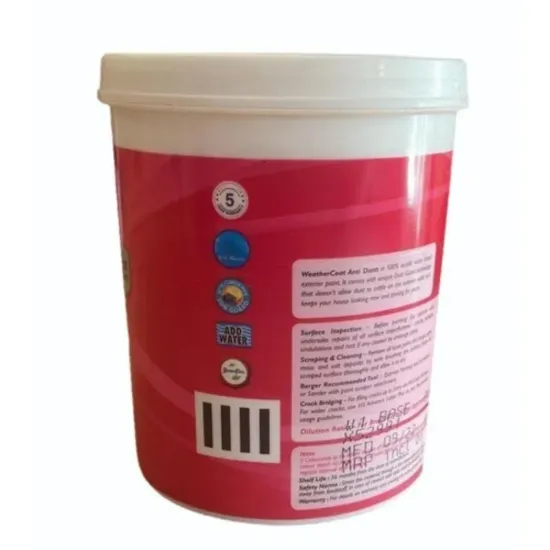 1లీటర్ బెర్గర్ వెదర్ కోట్ యాంటీడస్ట్ ఎక్స్‌టీరియర్ ఎమల్షన్ పెయింట్, ప్యాకేజింగ్ యొక్క చిత్రం